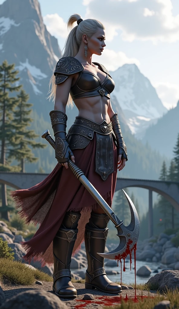 A 3D render of a God of War gameplay live session thumbnail. ATHENA is in the foreground, Athena Gods of War, medium shot, holding his axe high in the air. The axe has blood dripping from it. The background reveals a Nordic landscape with mountains, trees, and a bridge. The text "God of War gameplay live full" is placed at the bottom.