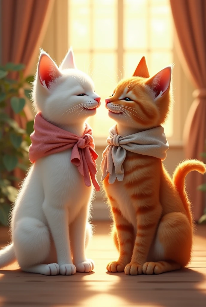 The beautiful bold white cat, dressed in stylish clothes, and the handsome muscular ginger cat, also in stylish attire, slowly come closer to each other, exchanging loving glances. They start talking, and the white cat wins the ginger cat's heart with her simplicity and innocence. Both of them laugh and smile, looking happy in each other's company.