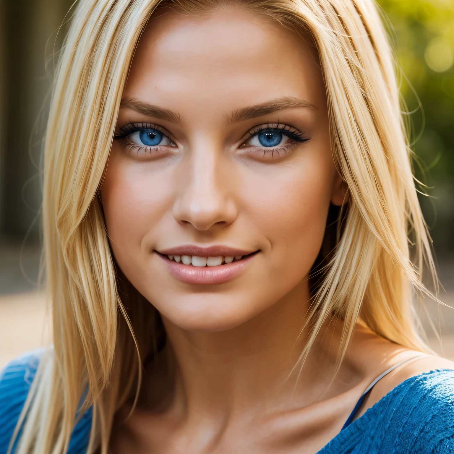 Color portrait of a beautiful European woman, from the Netherlands, with blonde hair and blue eyes looking at the camera smiling