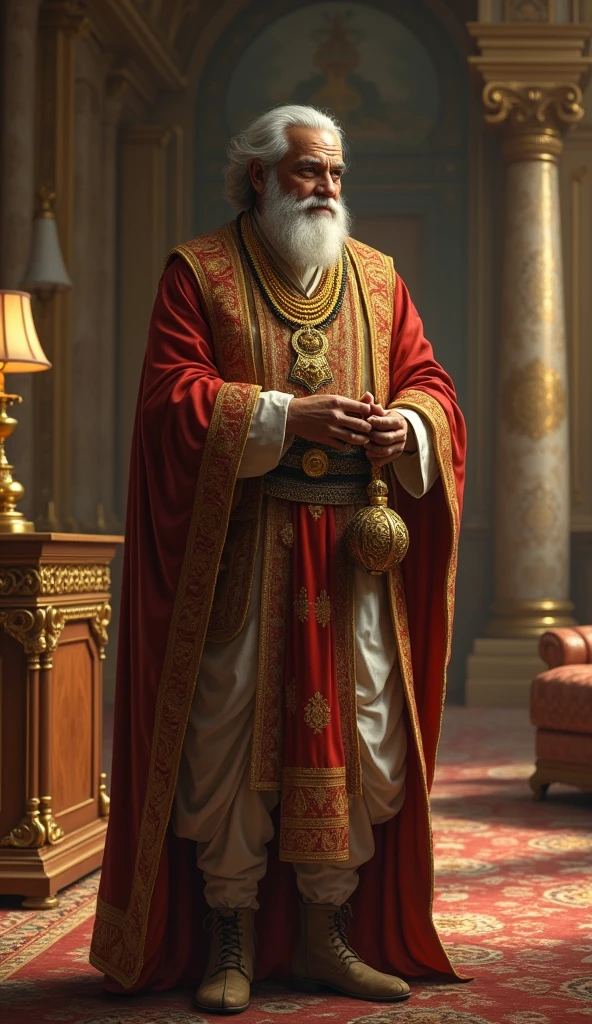 A middle-aged man dressed in fine, elaborate clothing that reflects his immense wealth. Arjun has a handsome, yet troubled expression, his eyes hinting at the emptiness he feels inside despite his riches. He carries a small, ornate pouch filled with gold coins, symbolizing his material wealth. Throughout the story, his demeanor shifts from one of pride to introspective humility as he learns about the true riches of the heart. Arjun is depicted standing alone in a large, opulent room filled with luxurious furniture, fine art, and gold trinkets. Despite the wealth surrounding him, his expression is one of deep dissatisfaction and loneliness. The room, though grand, feels empty and cold, reflecting Arjun’s inner void.