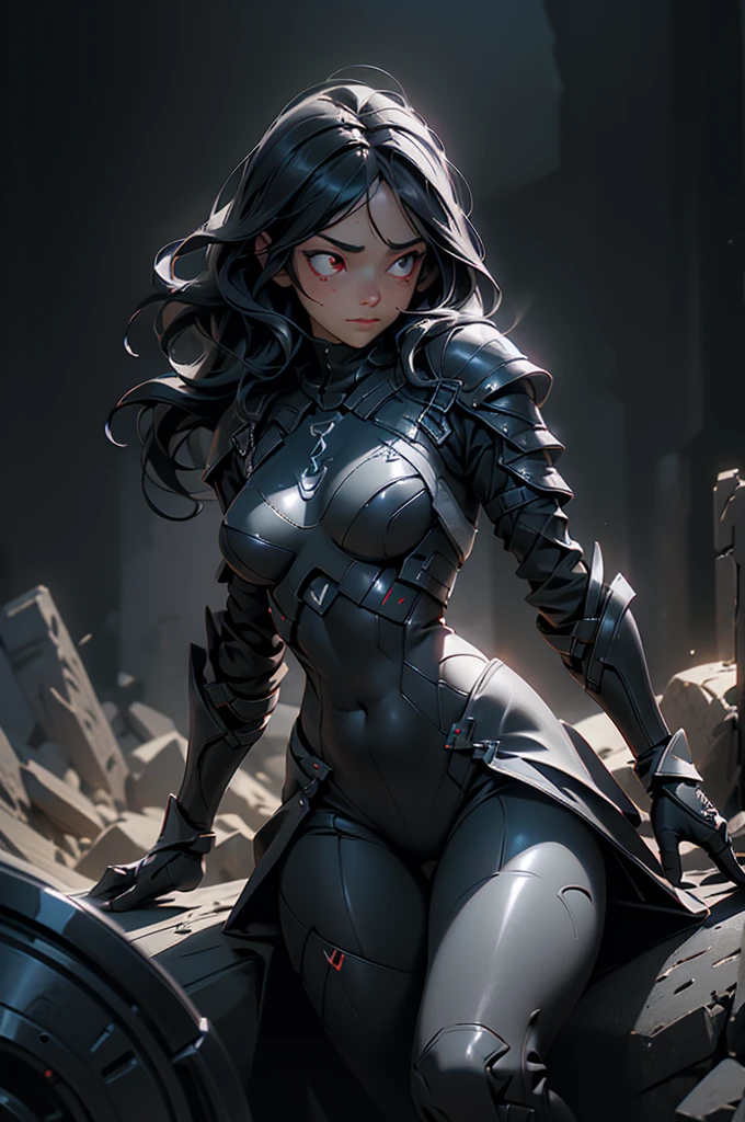 Dark-haired Scandinavian girl wearing half-plate armor and a frilly skirt over a skin-tight black bodysuit, (Long black hair:1.4), Red eyes,Attractive breasts、High resolution (High Dynamic Range), Ray Tracing, NVIDIA, Super Resolution, Scattered under the surface, Anisotropic Filtering, Written boundary depth ,Maximum clarity and sharpness, Surface Shading, Dramatic lighting