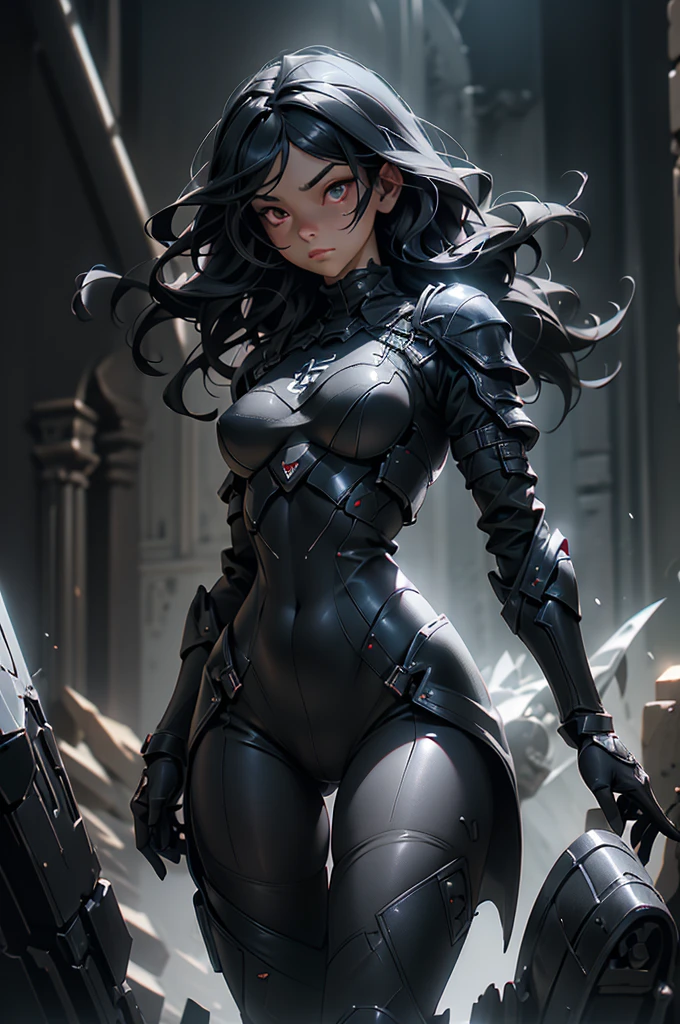 Dark-haired Scandinavian girl wearing half-plate armor and a frilly skirt over a skin-tight black bodysuit, (Long black hair:1.4), Red eyes,Attractive breasts、High resolution (High Dynamic Range), Ray Tracing, NVIDIA, Super Resolution, Scattered under the surface, Anisotropic Filtering, Written boundary depth ,Maximum clarity and sharpness, Surface Shading, Dramatic lighting