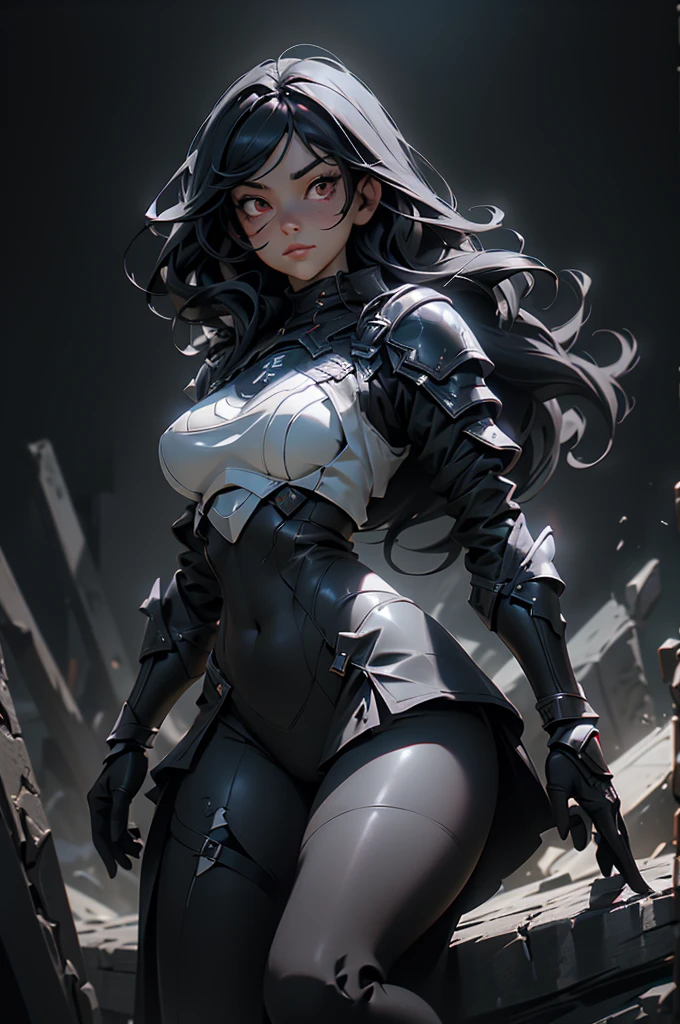 Dark-haired Scandinavian girl wearing half-plate armor and a frilly skirt over a skin-tight black bodysuit, (Long black hair:1.4), Red eyes,Attractive breasts、High resolution (High Dynamic Range), Ray Tracing, NVIDIA, Super Resolution, Scattered under the surface, Anisotropic Filtering, Written boundary depth ,Maximum clarity and sharpness, Surface Shading, Dramatic lighting