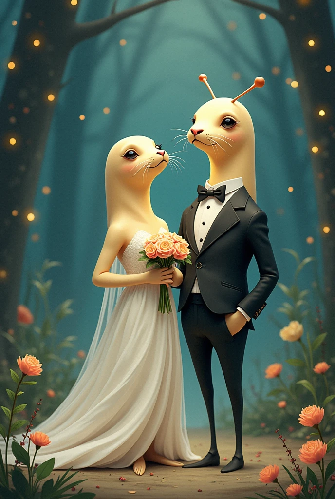 A female seal married to a male cheese snail standing on two legs. .
