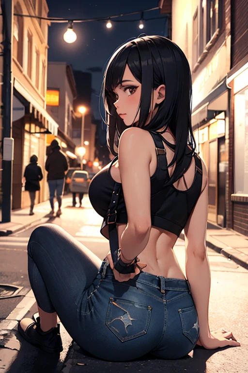 latin girl in shorts and short blue crop top on the street at night, deserted street, sitting on the sidewalk, pensando na vida, latina, pobres, inner clay street, moonlight ripped denim shorts, alone, giant perfect round giant ass, showing part of the ass focus on the ass lol
