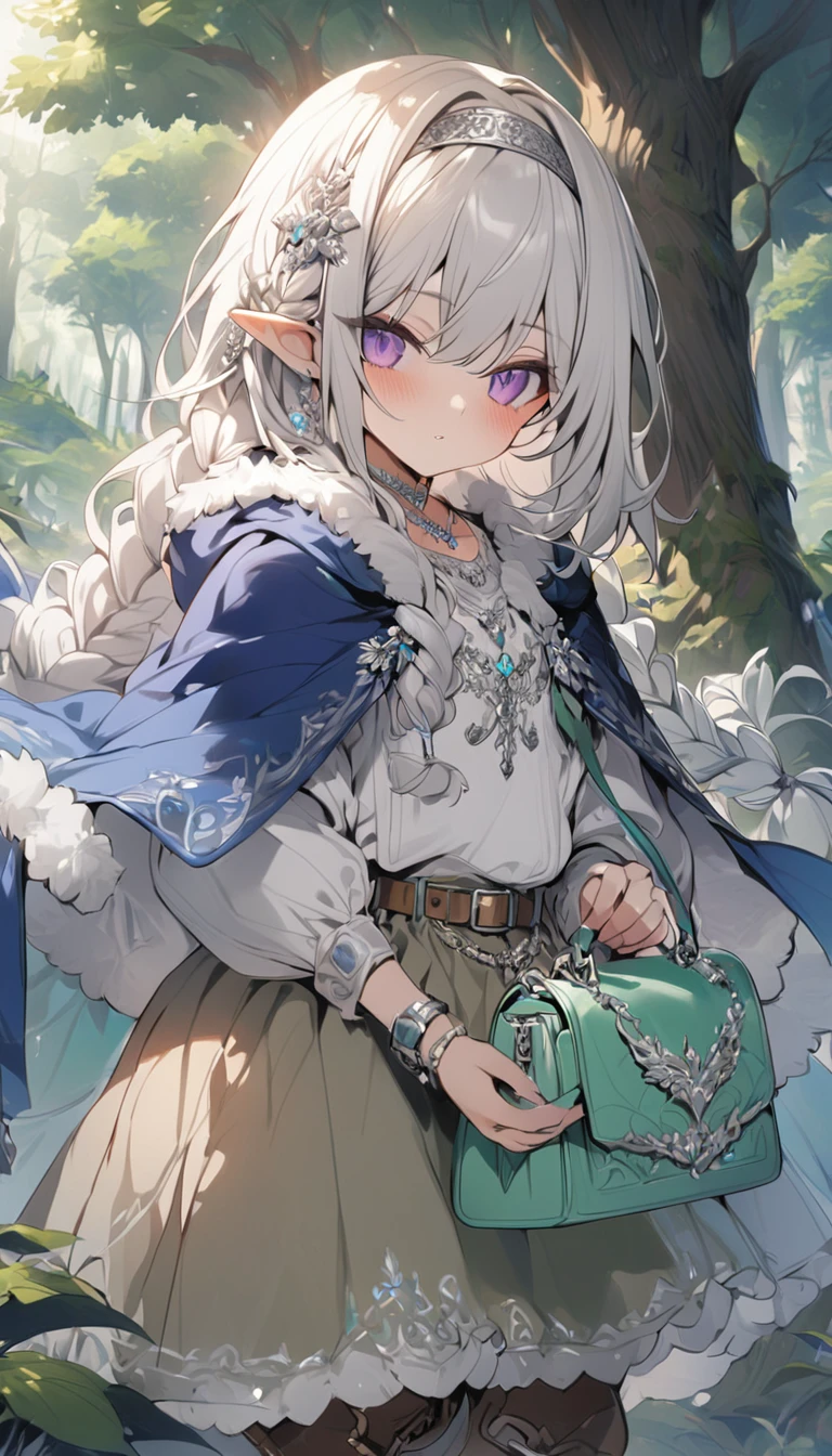 masterpiece, 4k, 8k, anime girl, young magician, with long partially braided white hair. purple eyes Blue cape with hood decorated with silver embroidery. white blouse, silver bib and brown pants, as well as boots with fur trim. silver necklace with emerald and silver headband with emerald brown belt with cream bag, elven forest background