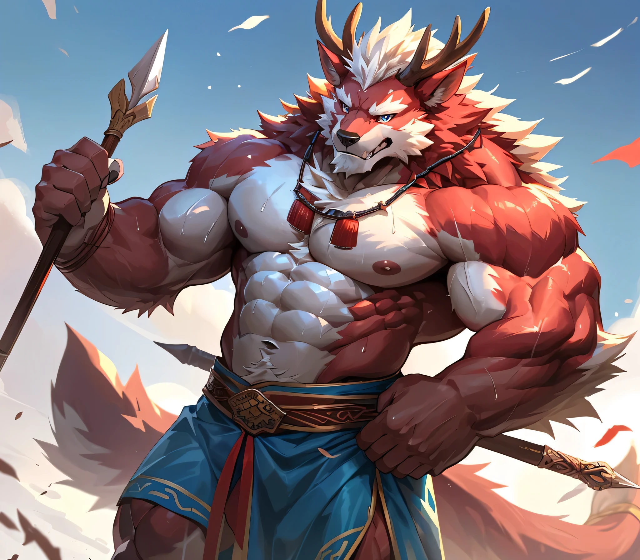 ((best quality)), ((masterpiece)), (ultra detailed), perfect face,antro baize:2.5, male , solo, ((deep-crimson fur)), (strong beefy muscular body), ((abs, strongmuscles, 8 pack)), furry, handsome,Beautiful and delicate eyes, (ultra detailed eyes, (yellow):0.1 eyes, sharp eyes), detailed scene,full body, reflection, shirtless, red cimson hair, topless, pink nipples, (artist: null-ghost,traver009, lindong, pino daeni), (full body), wearing random pattern necklace, claws, ((fluffy fur, fluffy, furry body)), (qilin, a pair of antler), majestic, wind blowing, ((white belly), ((1 long tail)), big fellow, muscular male, (traditional chinese attire, (blue Hanfu)), fluffy chest hair, handsome,(Great physique),Delicate canine teeth, hairy, male, anime, full body, at the battle field, solo, holding a spear, fierce look, bravary,  (a general), (drenched in sweat)