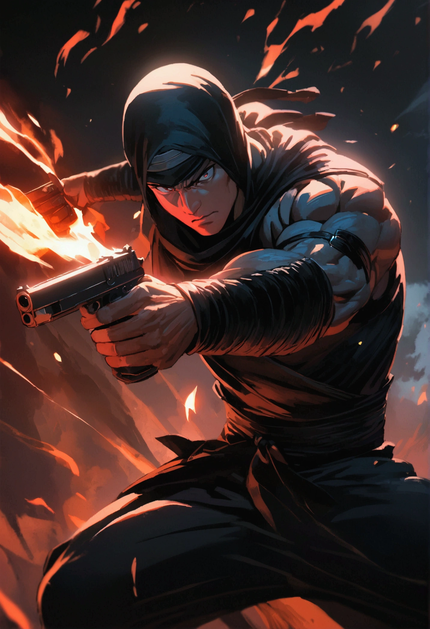 a male ninja with two pistols in his hands, wearing all black anime style clothing, highly detailed, extremely sharp focus, cinematic lighting, vibrant colors, digital painting, fantasy, dramatic pose, action scene, muscular body, intense expression