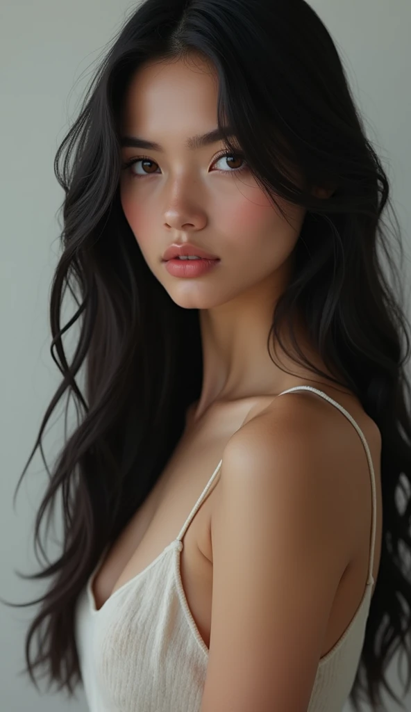  white girl with black hair with brown eyes full body. 