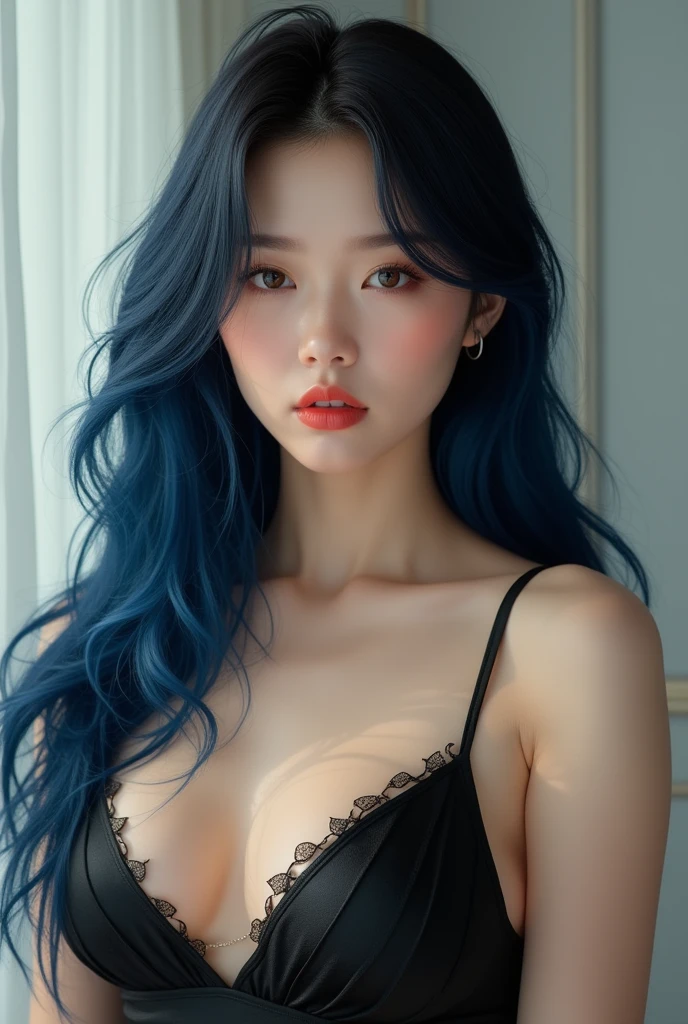 Korean face, Large breasted woman, long straight hair,mixed with black and blue, bigger boobs, ,Pouting lips