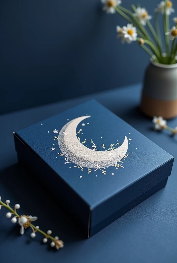 create a box for a kit, com detalhes de lua 🌙 com design azul escuro, white and gold details, for the brand "You&Me"