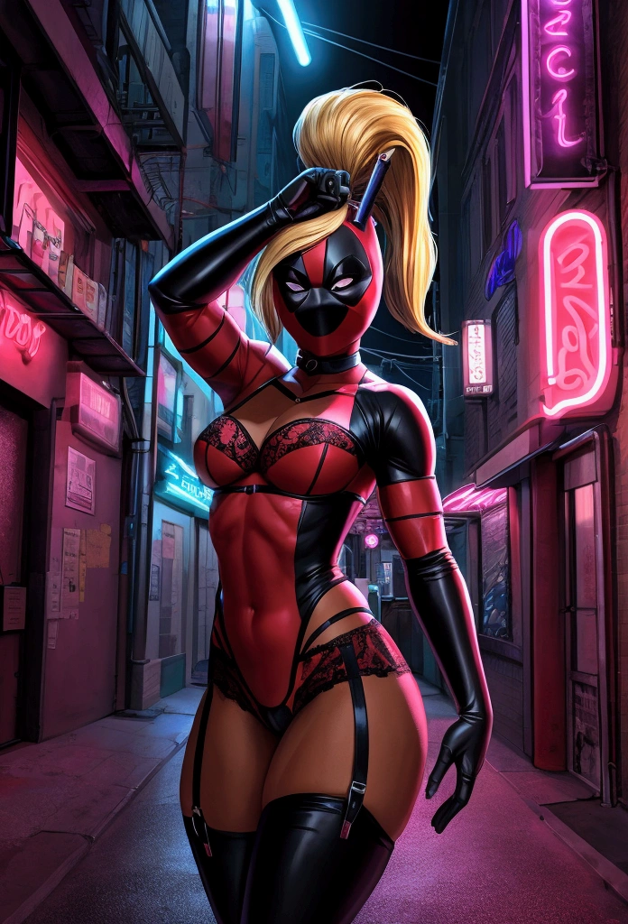 A female character inspired by Lady Deadpool stands confidently in a revealing and diminutive lingerie set in a striking combination of red and black. The lingerie accentuates her curves and athletic physique. She wears a full mask that covers her entire face, with only a long, blonde ponytail flowing out from the back of the mask. The character's pose is bold and playful, holding her iconic katanas while giving a mischievous smirk. The background is a gritty urban setting, with neon signs and dim streetlights casting dramatic shadows, enhancing the sense of danger and excitement.






