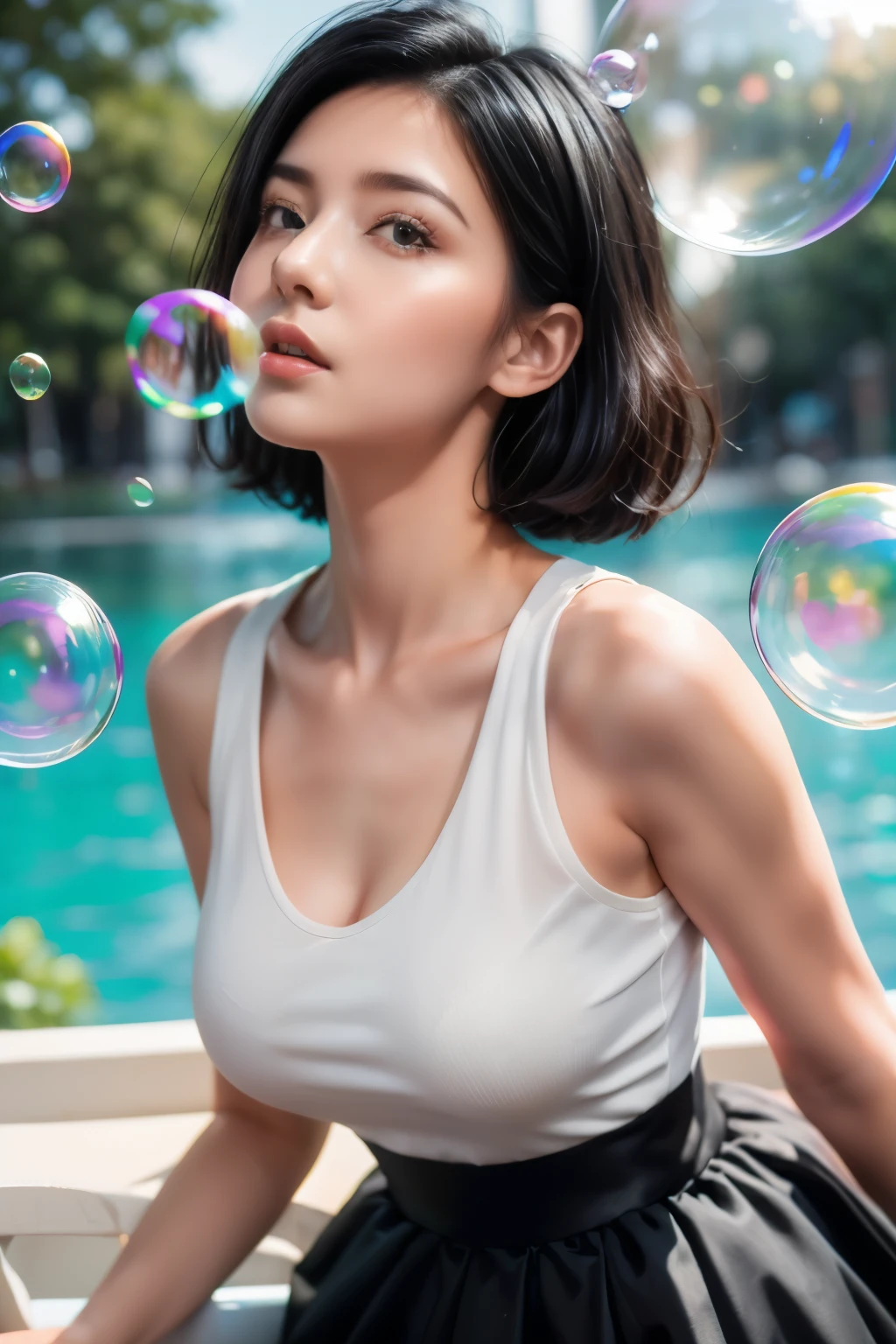 ((Top quality, 8K)), (Actual colorful bubbles), (Face Focus: 1.1), (White and black: 1.3), Kawaii girl, short hair, 
Hair blowing in the wind, Facing sideways, Looking up at your face, prettyeyes, (sleeveless: 1.1)、Transparent skirt, G cup breasts,Countless soap bubbles