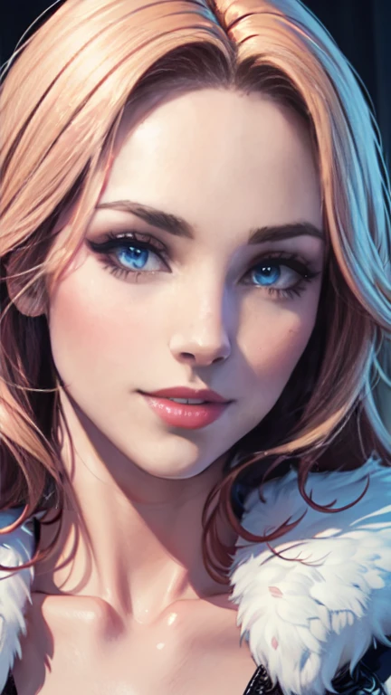 masterpiece, raw, Beautiful art, professional artist, 8k, art style by sciamano240, Very detailed face, very detailed hair, 1 woman, perfectly drawn body, beautiful face, by the wide, light blue fur , very detailed blue eyes , pink cheeks, intricate details in the eyes, playful smile, looking directly at the viewer , in love with the viewer's expression, lipstick, wearing nice winter clothes, Winter coat, gloves, sweater, scarf, fitted jeans, thigh high boots, sunny winter day, walking, pov with spectator,