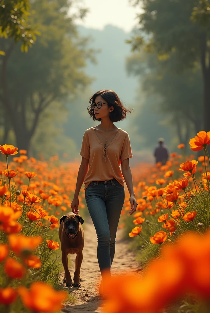 Mexican brunette with short hair and glasses, slim, crossing a path of cempasuchilt flowers and behind her her ancestor protects her, A 90-year-old woman and her boxer dog