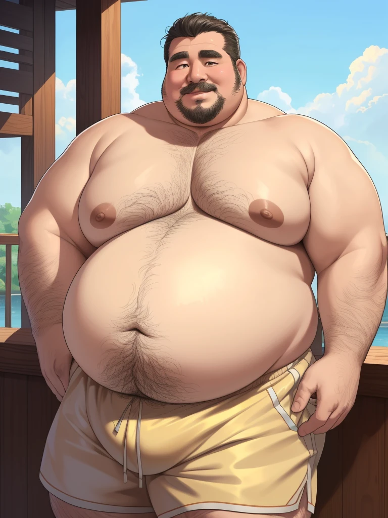 sumo wrestlers, fat daddy, hot daddy, a smiling ((obese old man, chubby, big fat, massive belly, massive fat, huge belly, fat,), detailed realistic portrait, 8k high resolution, topless, sumo physique, perfect center, full view, realistic skin texture, wrinkled face, short hair, huge belly, fat, wearing shorts, high detail, masterpiece, (best quality,4k,8k,highres,masterpiece:1.2),ultra-detailed