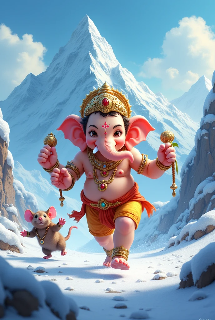 Lord little Vinayaka was running in hands thresol and beside a rat also running background a beautiful ice mountains