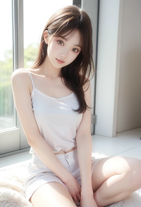 See-through camisole､No underwear、Woman sitting with legs wide open