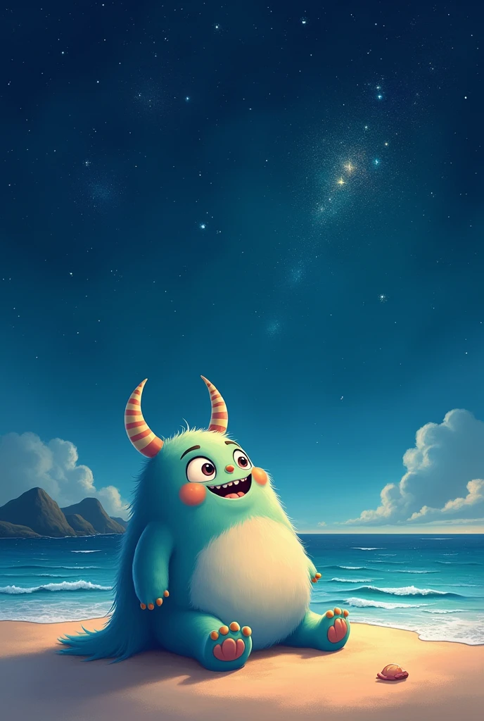 I could make a picture of a friendly monster looking at the stars on the beach