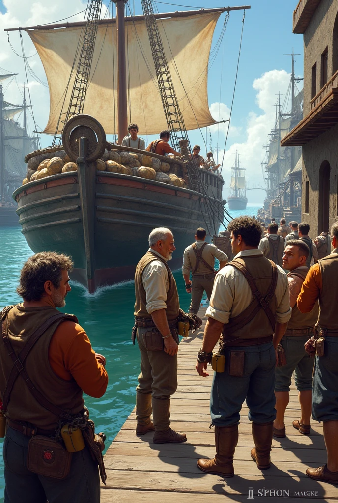 Men ordering the loading of a boat