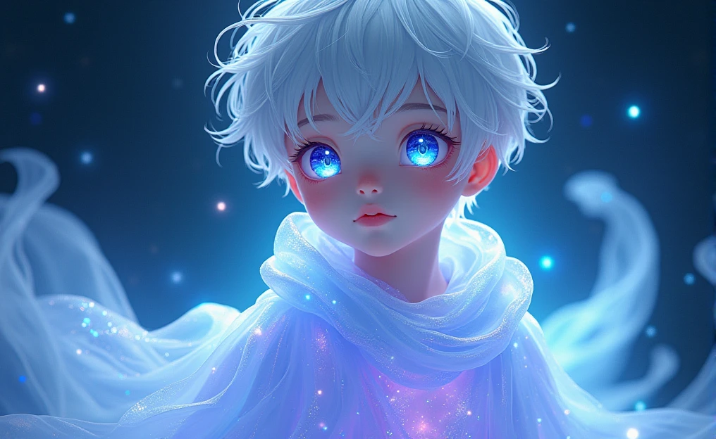 This image portrays an enchanting young boy character with a striking, ethereal appearance. The character has pale, almost porcelain-like skin and short, white hair that is slightly tousled. Their eyes are vibrant, with a shimmering quality that reflects a spectrum of blues and purples, giving them a mystical, otherworldly gaze. The character is draped in a translucent, flowing material that glows with shades of blue, purple, and aqua, reminiscent of the night sky or a galaxy. This material wraps around them, enhancing their celestial and enigmatic aura. The background also contributes to this theme, with a deep, cosmic ambiance filled with subtle, star-like patterns and light trails, which blend seamlessly with the character's attire. Overall, the image exudes a cool, serene, and magical atmosphere, with the character embodying a celestial or astral being, seemingly beyond the mortal realm. The interplay of light, color, and texture adds depth to the image, making it visually captivating and evocative of a dreamlike world.