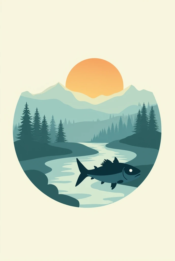 Draw a logo for a fish smoking and processing plant in soft turquoise tones against the backdrop of a mountain taiga and the rising sun
