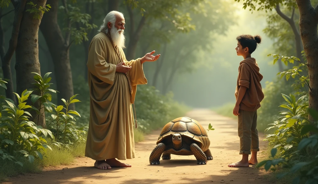 "A vivid scene depicting a slow-moving tortoise on a dirt path, with the guru pointing towards it as he tells the story to the student. The tortoise is steadily moving towards its goal, symbolizing persistence. The student watches intently, absorbing the lesson. The backgro