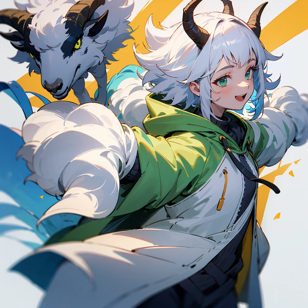 Very happy with her arms a LITTLE open as if she was holding a SMALL invisible box, with a green and white hooded short jacket, with goat horns and white afro hair, facing forward and slightly elevated