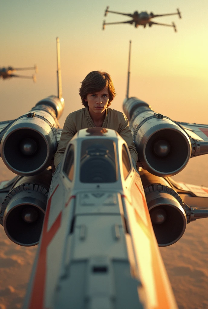 Luke Skywalker, Flying an X-wing fighter, 1950's Super Panavision 70 film stock Beautiful Cinematography, Make image 16 X 9