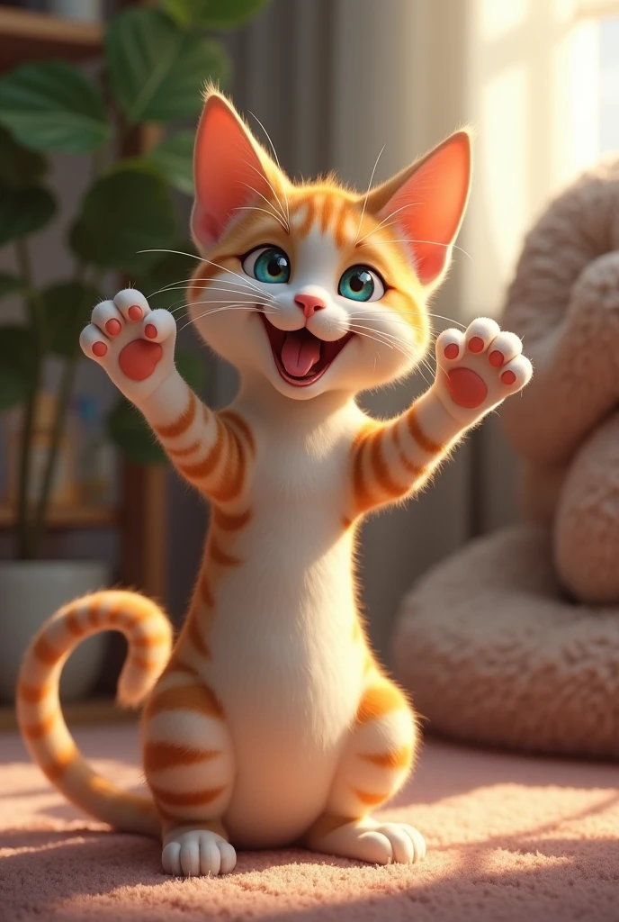 A cat teenager sticks out his tongue and shows his feet