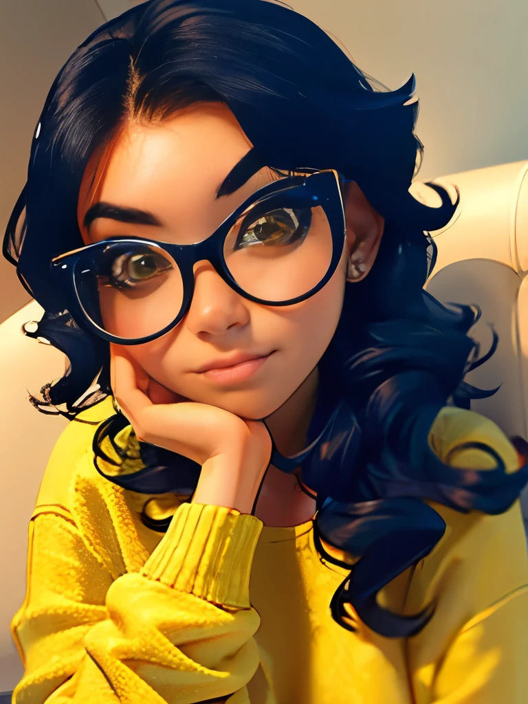 arafed woman with glasses and a yellow sweater sitting in a chair, wavy hair yellow theme, with glasses, girl with glasses, belle delphine, with square glasses, wearing wheat yellow gauze, ulzzang, high quality portrait, girl wearing round glasses, with glasses on, young and cute girl, with yellow cloths, wearing thin large round glasses