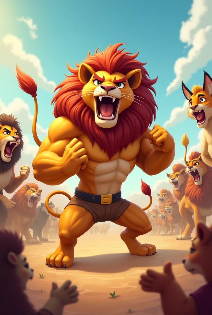 Detailed picture of a confident man anthro, (young Lion) taking a fighting pose on the middle of the savanna, roaring with his mouth wide open. trending on Art Station, Ross Tran, ruan jia, foxovh, ((determined expression, the other animals are clapping and cheering in the background, cartoon