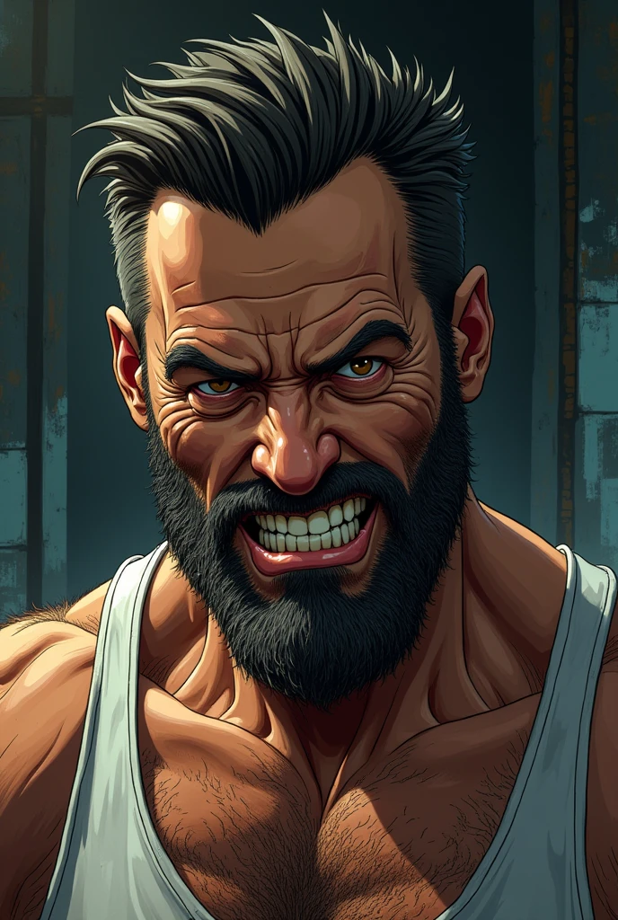 (close mid-shot), ultra detailed 2d cartoon manga concept art illustration, 1man, looks like hugh jackman in the movie logan, wearing tank top, goatee, gritting teeth, ready to fight,, crime and danger、Tension and suspense、Reflections on the avant-garde and the low ebb、Shady、evocative composition