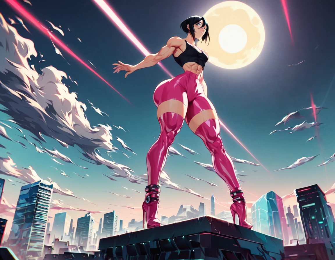 score_9,score_8_up,score_7_up,score_6_up, kuchiki rukia, punk, black hair, sexy, transparent pvc jacket, pink latex socks, sun, moon, reflections, clouds, waves, woods, otherworldy, 8k, big hips, massive butt, slender, skinny, tight body, trim little waist, narrow small waist, red leather ankle-high heeled boots, looking at the horizon, future tokyo, bodybuilder, supermodel, feminine, muscular, shredded, futuristic, black vynil tank top, dark bedroom, keylighting, dynamic, action, epic, skyscrapers, city, metropolis, tech, techno, hi-tech, sci-fi, cyberpunk, foreshortening, movement, detailed face, complex outfit, detailed background, tilted, diagonal, from above, from below
