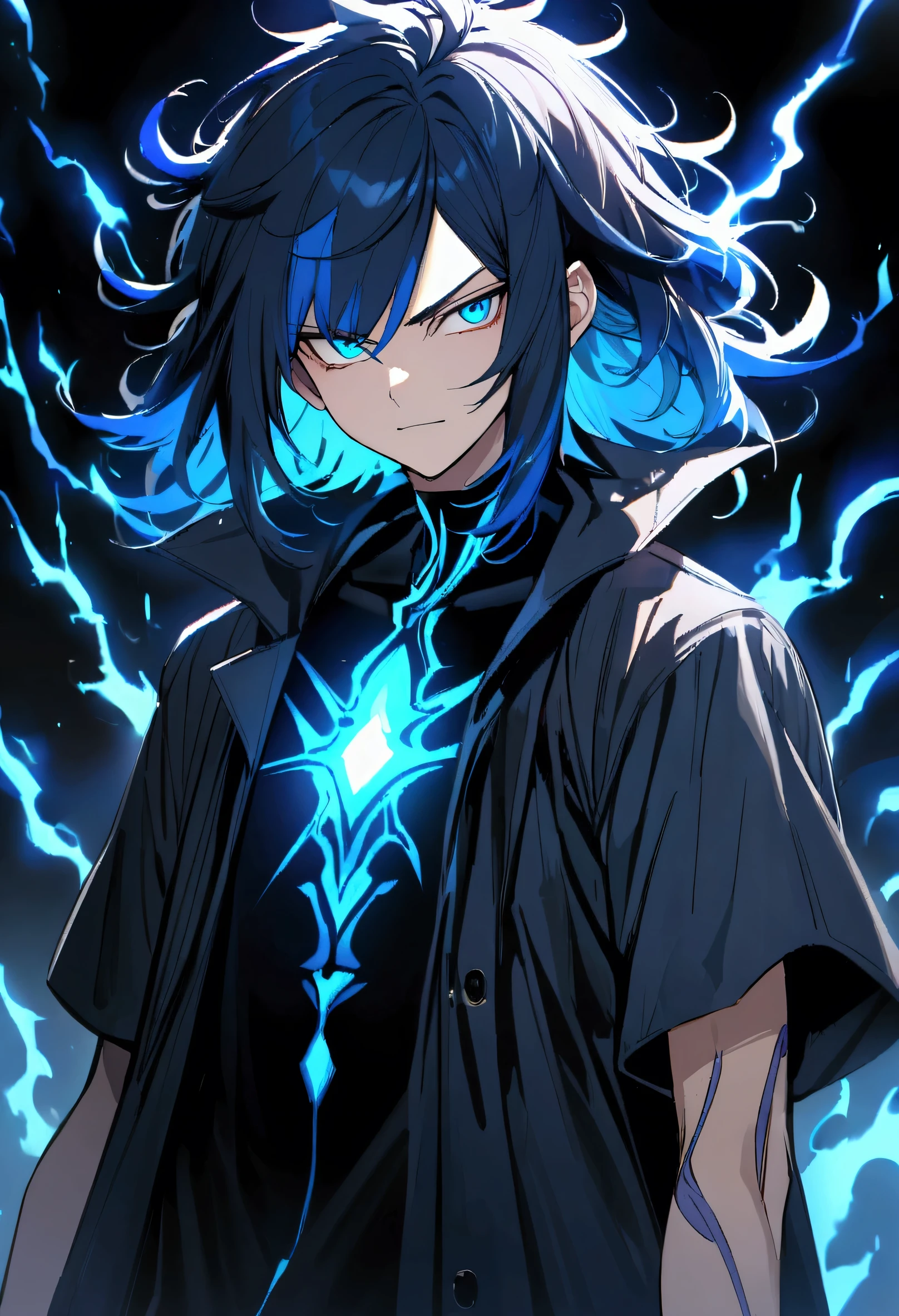 teenage boy, spiky hair, medium length hair, multicolored black and blue hair, messy bangs, blue colored eyes, serious face, simple smile, loose black shirt, loose dark blue short-sleeved overcoat, blue tattoos on the body, electric aura,