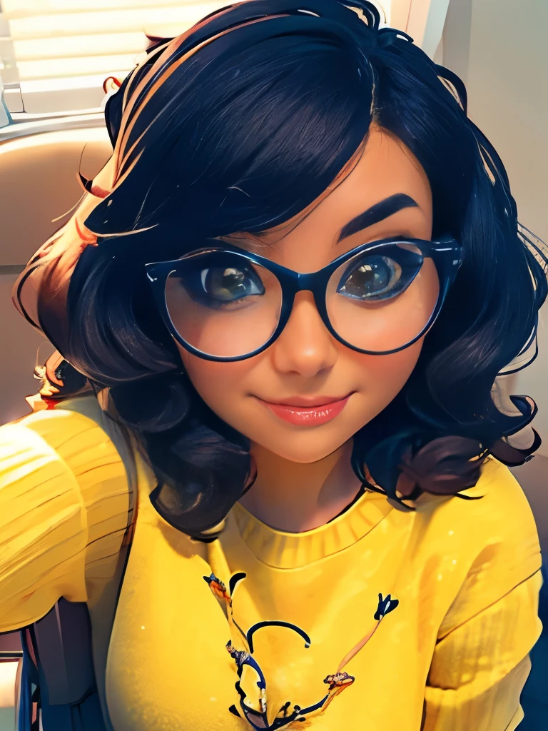 arafed woman with glasses and a yellow sweater sitting in a chair, wavy hair yellow theme, with glasses, girl with glasses, belle delphine, with square glasses, wearing wheat yellow gauze, ulzzang, high quality portrait, girl wearing round glasses, with glasses on, young and cute girl, with yellow cloths, wearing thin large round glasses
