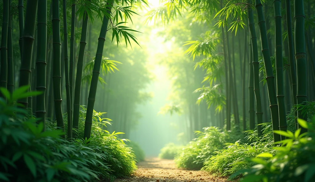a lush green bamboo forest, Beautiful detailed bamboo stems, sunlight filtering through the leaves, Serene and calm environment, organic textures, natural lighting, vibrant green tones, (Best Quality,4k,8k,High resolution,masterpiece:1.2),ultra detailed,(realist,photorealist,photo-realist:1.37),intricate foliage, quiet forest landscape, a calm and zen atmosphere, natural surroundings, dynamic camera angle