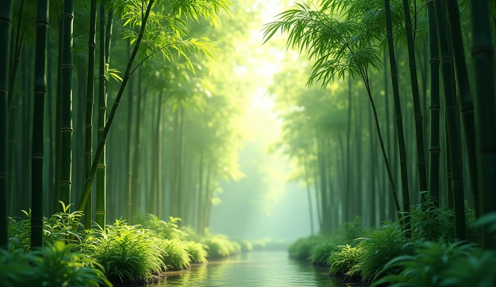 a lush green bamboo forest, Beautiful detailed bamboo stems, sunlight filtering through the leaves, Serene and calm environment, organic textures, natural lighting, vibrant green tones, (Best Quality,4k,8k,High resolution,masterpiece:1.2),ultra detailed,(realist,photorealist,photo-realist:1.37),intricate foliage, quiet forest landscape, a calm and zen atmosphere, natural surroundings, dynamic camera angle