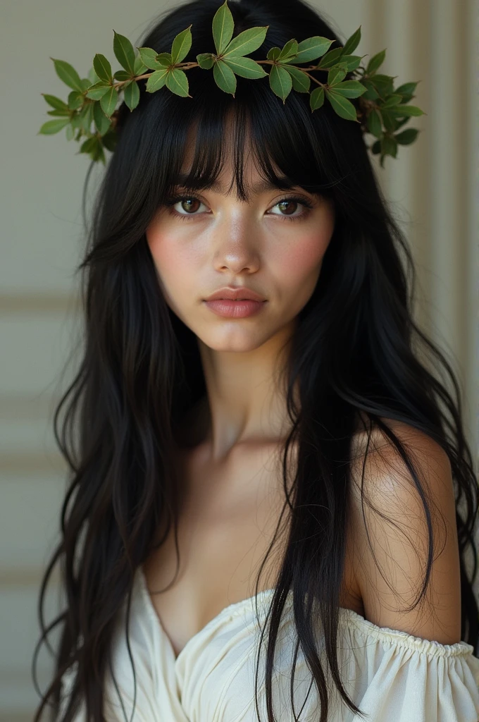 White girl with straight black hair, gorda, with Greek crown of leaves