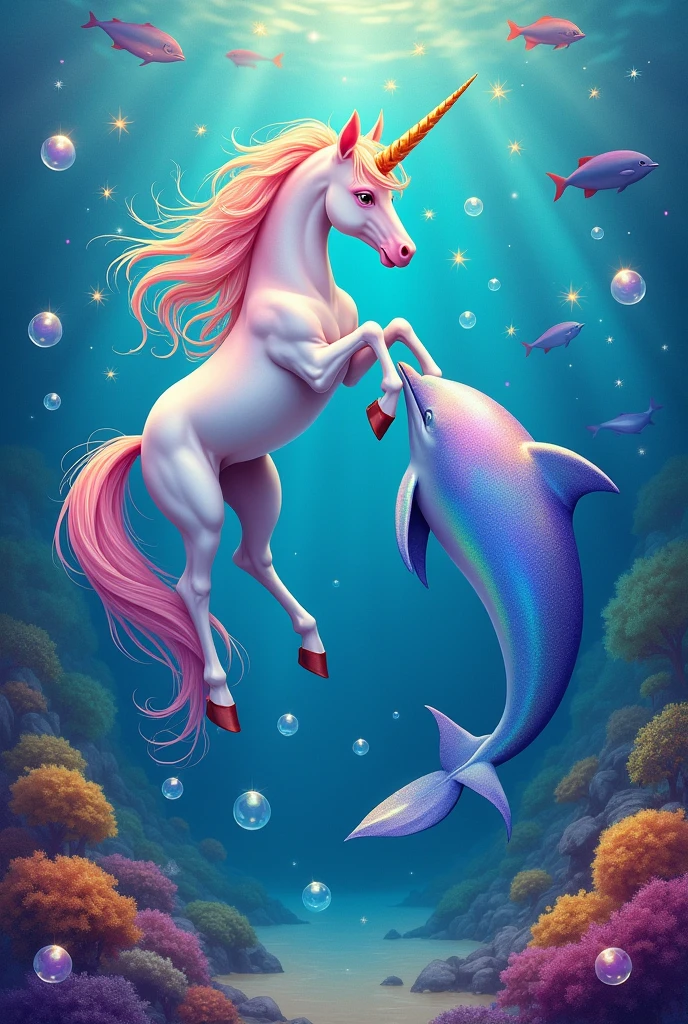 a colorful image with a unicorn and a dolphin with a rainbow and color saturation with sparkles in the sea and that has the message written on it: Are you a loan?? because you have all my interest vv