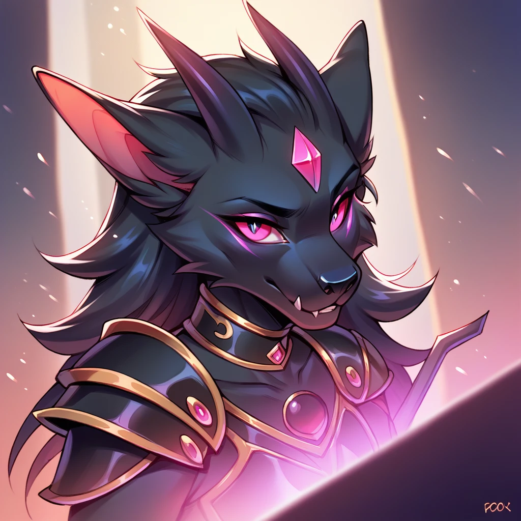 pak009, score_9, score_8_up, score_7_up, score_6_up, porcupine, with ebony black fur and pink eyes in demonic armor