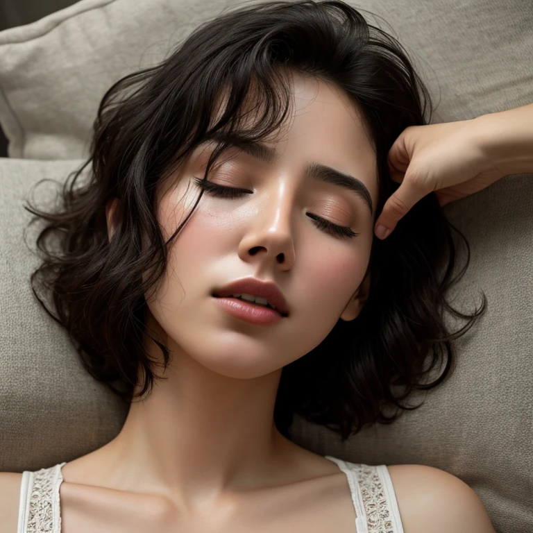 Fragments flying,Award-winning photos, Very detailed, edge, Woman with open mouth and closed eyes , Sweating of the skin、Lights that illuminate the shining sweat{{{Spread the word }}}, Black Hair、Browse,{{{{Male audience}}}},(long, Stenosis of nostrils)、floor、Head on the pillow、from above、Beautiful pain,