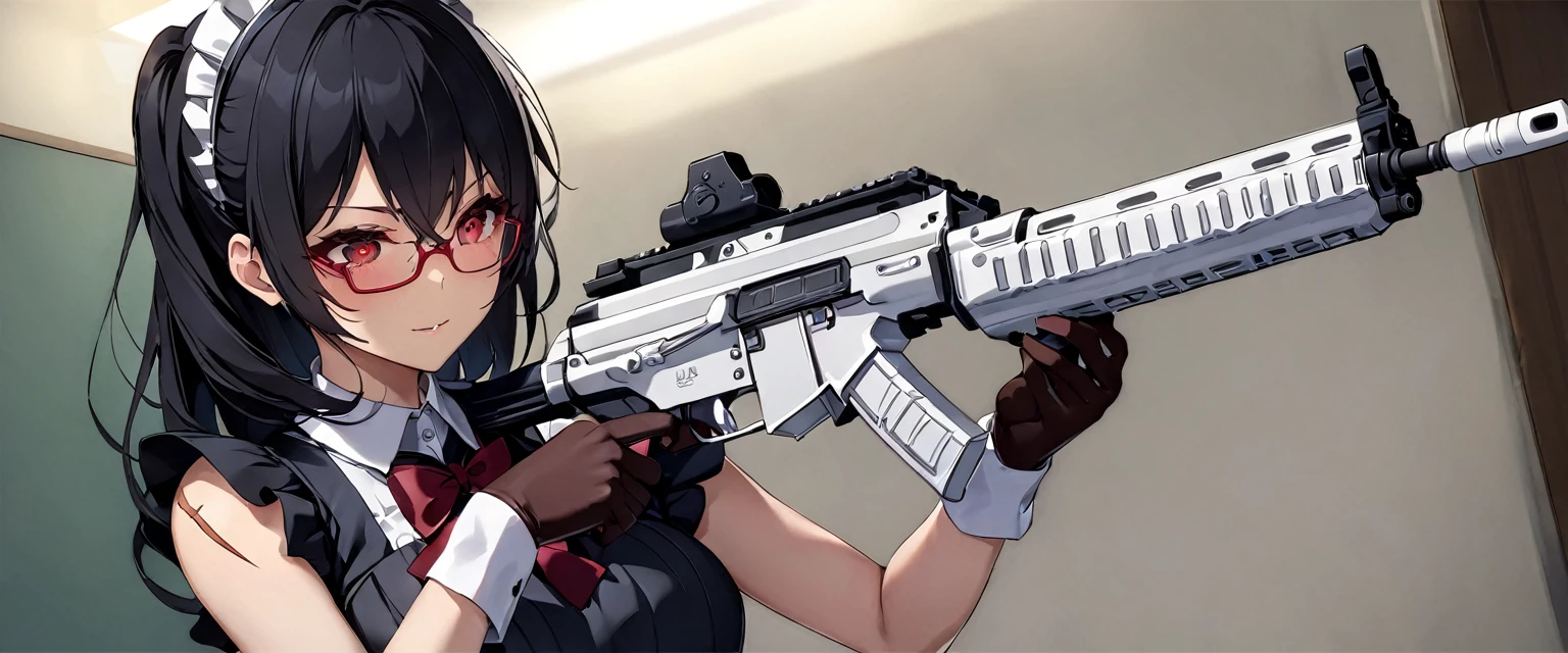 (Perfect Anatomy)、masterpiece、super high quality、 8k、masterpiece、Highest quality、Ultra-high resolution、Maximum resolution、Very detailed、Professional Lighting、anime、Adult female、thin、so beautiful、Very detailedな目、high school girl、Maid clothes、Equipped with an assault rifle、(((Scar L )))、Red Eye、Black Hair、Hangerless Long Gloves、Red glasses、Going into battle alone、(((Assault rifle and take aim))), (((random pose))), One woman