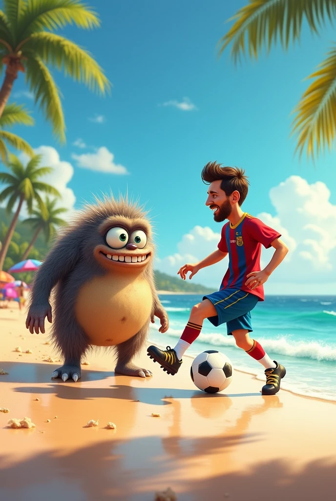 Could you create an image of a friendly monster playing soccer with Messi on a beach?