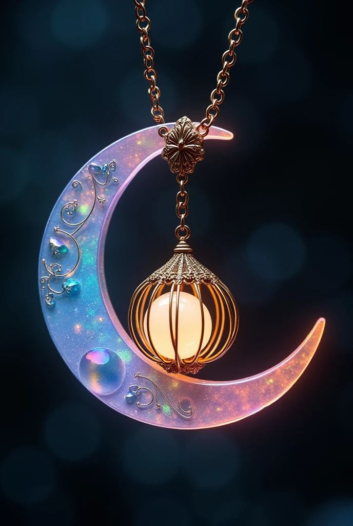 This is an enchanting crescent moon necklace, featuring a glowing, luminescent design. The crescent moon pendant is large and dominates the design, curving gracefully with a delicate filigree pattern that adds intricate detail to its surface. The crescent has a soft, radiant Rainbow glow that emanates from within, creating a magical and otherworldly effect. Hanging from the inside of the crescent moon is a small, spherical crystal or orb, encased in an ornate, Golden metal cage. The orb also emits a faint Rainbow glow, harmonizing with the light of the crescent moon. The metal cage surrounding the orb is intricately designed, with delicate swirls and loops that add a touch of elegance and complexity. The pendant is attached to a fine, Golden chain that complements the overall design. The chain is simple and unobtrusive, allowing the focus to remain on the glowing crescent moon and orb pendant. The overall aesthetic of the necklace is mystical and celestial, perfect for someone who appreciates unique, fantasy-inspired jewelry with a touch of magic.