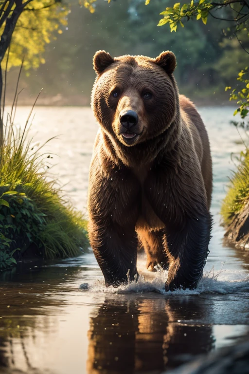 best quality, high quality, ultra quality, 8k, masterpiece, detailed, extremely detailed, insanely detailed, ultra detailed, ultra highres ,exquisite, lifelike Images,cinematic experience,UHD picture,Realistic,photorealistic,hyperrealistic,vivid,RAW photo,shot by DSLR, water land, water on the ground, Bear prowling, wet day, bear,