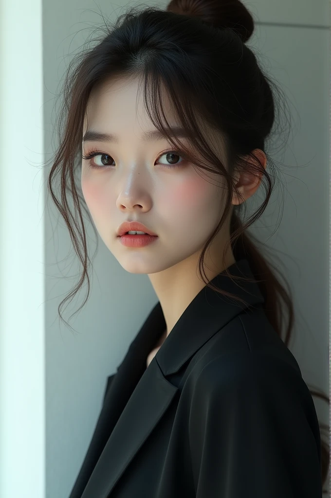 (Face Shape: round face),(eyes: Ice-cold gaze that exudes modern sophistication, accentuated by dark, deep eyeshadow and a muted eye color),(nose: mature and distant, enhance the overall sense of modernity),(boca: Neutral lips that hint at emotional detachment.),(fur: Pure skin),(cipher:wide hip, thigh gap, Little mom, slender), (Overall Impression: korean young woman)
