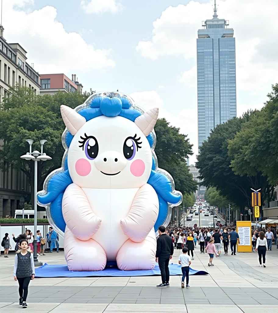 a giant pink pony blow-up doll on a square , (Practical, RAW photos, Ultra-fine transparent), Practical Light, city and street background