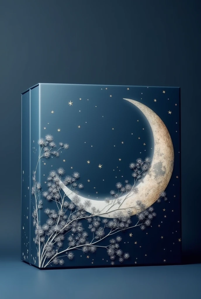 create a box for a kit, com detalhes de lua 🌙 com design azul escuro, white and gold details, for the brand "You&Me"