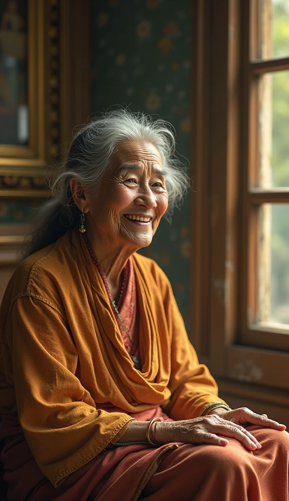 An elderly woman with a warm and kind face, dressed in simple, worn clothes that reflect her humble lifestyle. Her eyes sparkle with joy, and her smile is infectious, radiating happiness and contentment. She sits under a tree, surrounded by children, sharing stories and laughter. Despite her poverty, she exudes an aura of inner peace and fulfillment. Arjun is depicted standing alone in a large, opulent room filled with luxurious furniture, fine art, and gold trinkets. Despite the wealth surrounding him, his expression is one of deep dissatisfaction and loneliness. The room, though grand, feels empty and cold, reflecting Arjun’s inner void.
